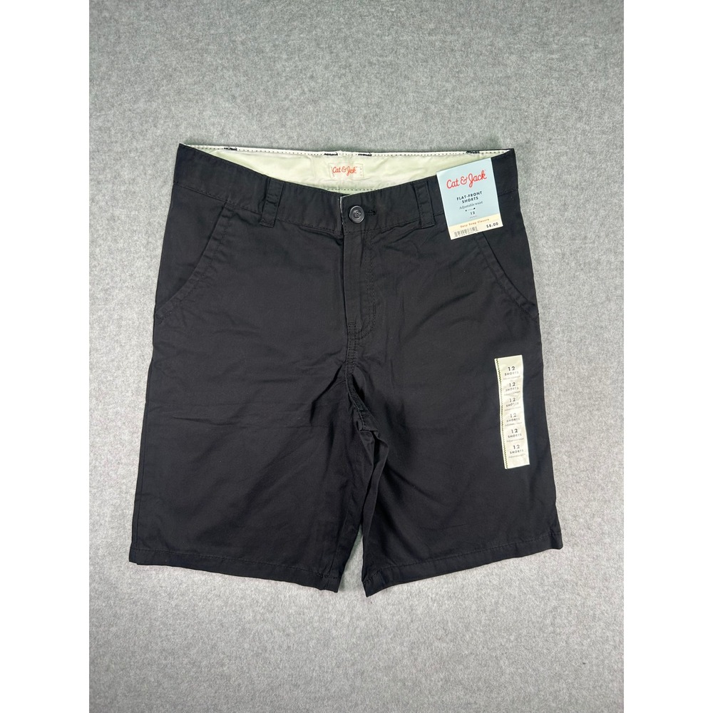 Cat & Jack Boys Size 12 Black Flat Front Chino Shorts Stretch Adjustable Waist
